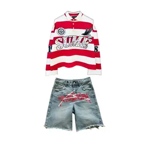 2 Pcs Shirts Co-ords Sume Rugby Diamond Embroidery Stripe Polo Shirt And Jorts