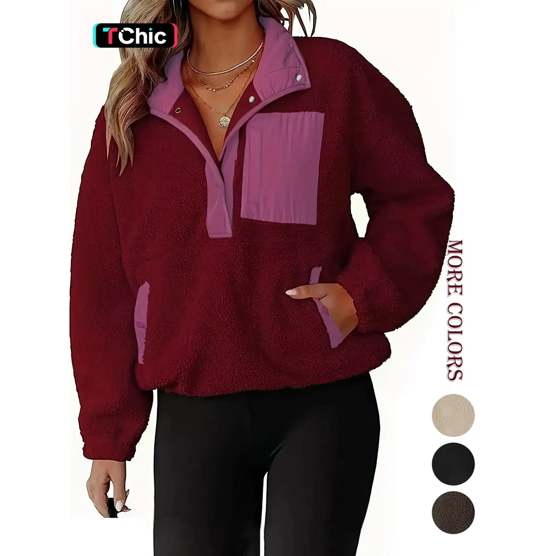 Women's Patchwork Print Half Button Pocket Fuzzy Aesthetic Sweatshirt, Casual Drop Shoulder Long Sleeve Stand Collar Pullover for Fall & Winter, Women's Clothes for Daily Wear