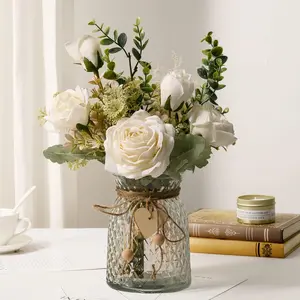 1 bundle Fake Flowers Roses Artificial Flowers Faux Flower Plant Arrangement Suitable for Home Office Decoration, Dining Table Centerpiece(White)