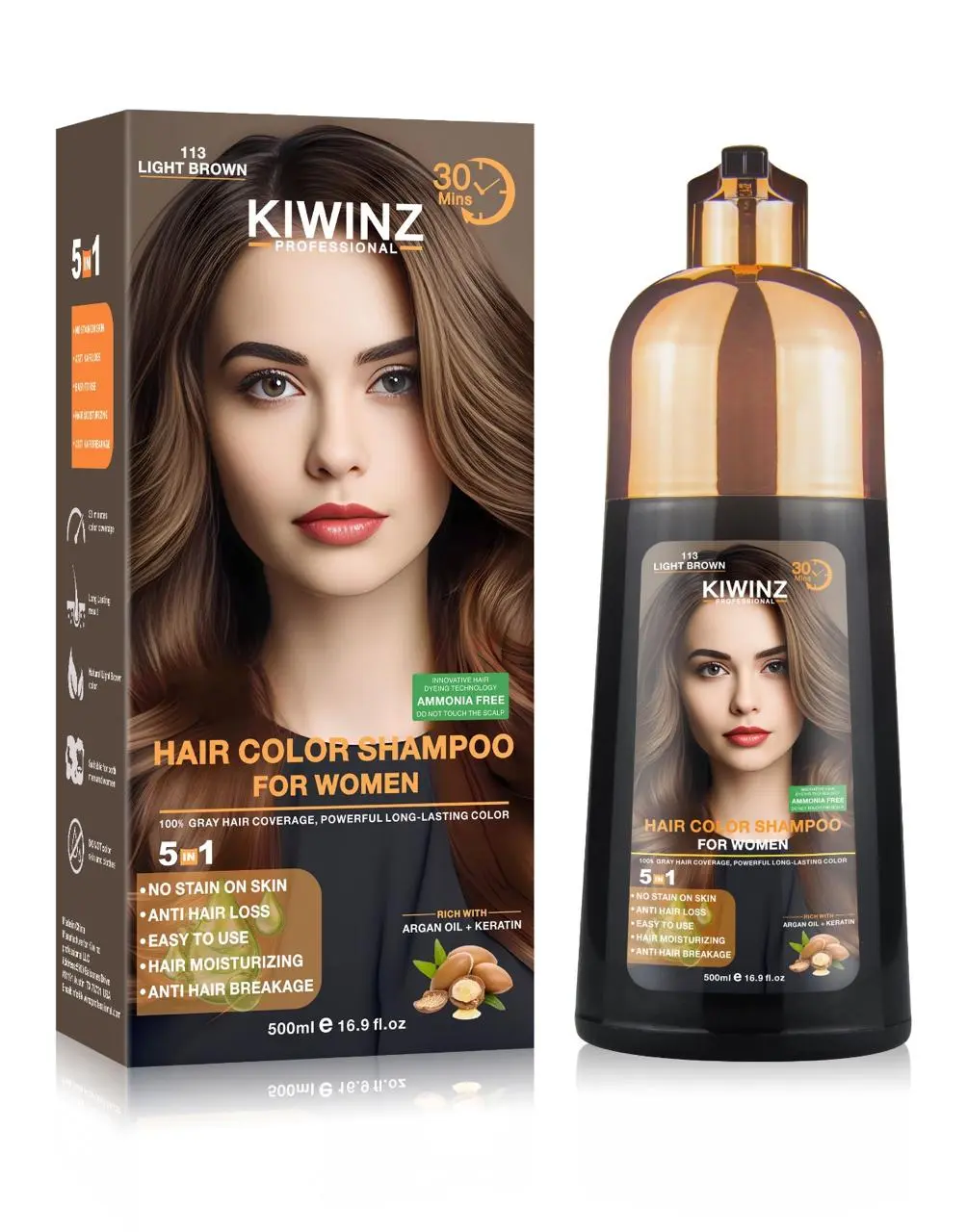 KIWINZ Professional 5-in-1 Women's Hair  Shampoo - Black Dry, Argan Oil & Keratin, No Stain, Anti-Hair Loss, Moisturizing, Breakage Repair, 500ml Dye Herbal