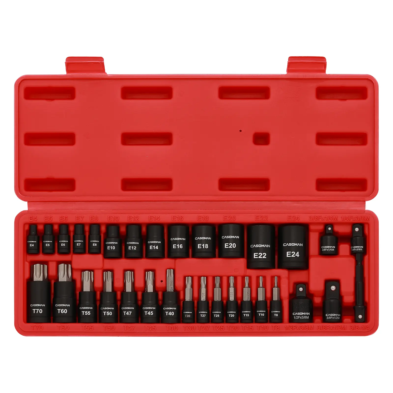 CASOMAN 32-Piece Torx Bit Socket and Female External Socket Set, 14 Star Bits (T8- T70) and 13 Female E-Torx Sockets (E4-E24), Include 5 Impact Socket Adapter Hex Combination Wrench Torque Screwdriver Wrench #dealforyourdays