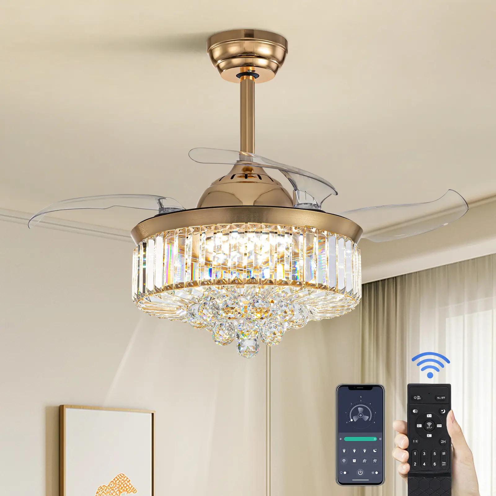 36-in Contemporary Gold Retractable Crystal Fandelier Ceiling Fan-Light Combo, 6-Speed Remote Control, Dimmable LED Light, Adjustable Reversible Motor, Bluetooth Kit, High-Performance 6-Speed Airflow, Auto Shut-Off for Dining Room, Living Room