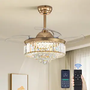 36'' Fandelier Ceiling Fans with  Led Light, Gold Retractable Crystal Chandelier Fan, Reversible, Remote Control, Dimmable Ceiling Light Kits for Dining Living Room, Bedroom bluetooth