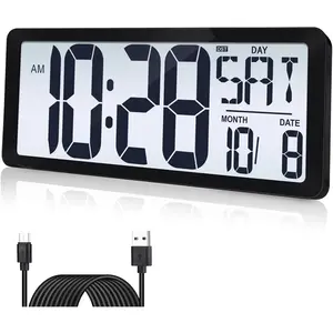 15 Inch Large Rechargeable Digital LCD Wall Clock with Backlight Glow in the Dark,Night Light Wall Clock with Week,Date & Temperature,DST, Display for Living Room, Bedroom,  for
