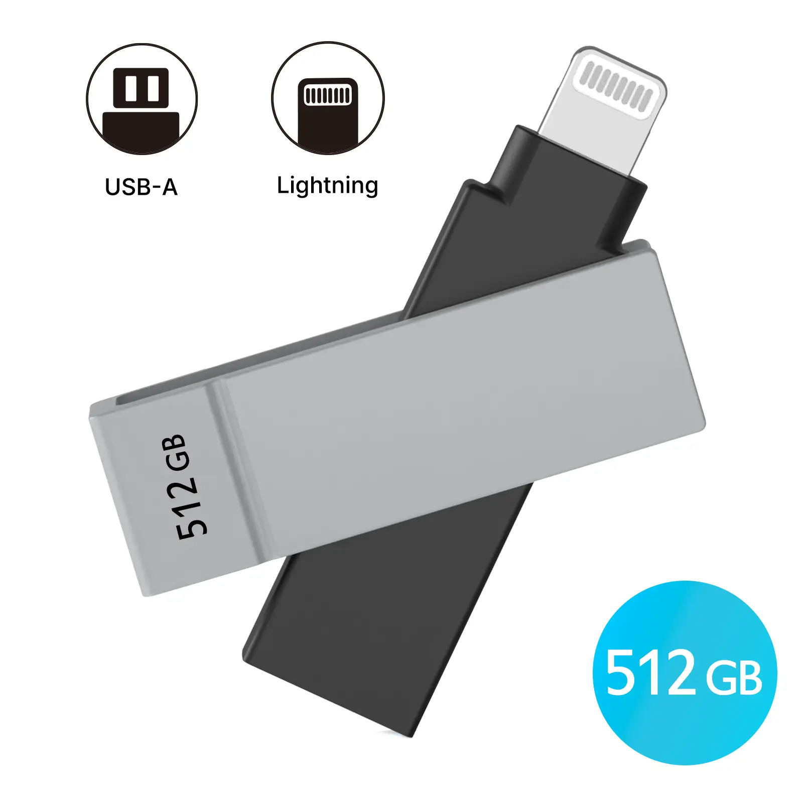 iXflash 512GB Lightning & USB A 3.2 Photo Stick Flash Drive for iPhone, iPad, Mac, & PC - Black/Gray
