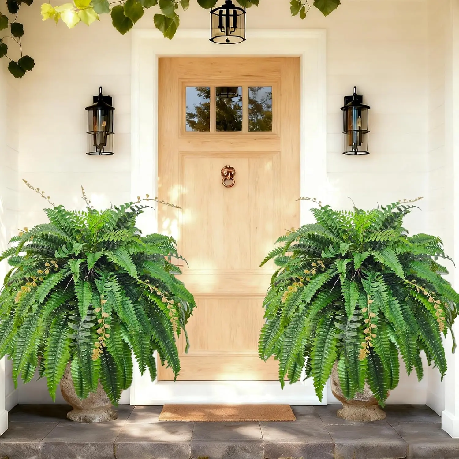 2Pcs 33in Artificial Boston Fern Plant with 36 Branches Summer Vibes Faux Greenery for Indoor Outdoor Home Decor Realistic Hanging Fern Full & Lush Needs expansion