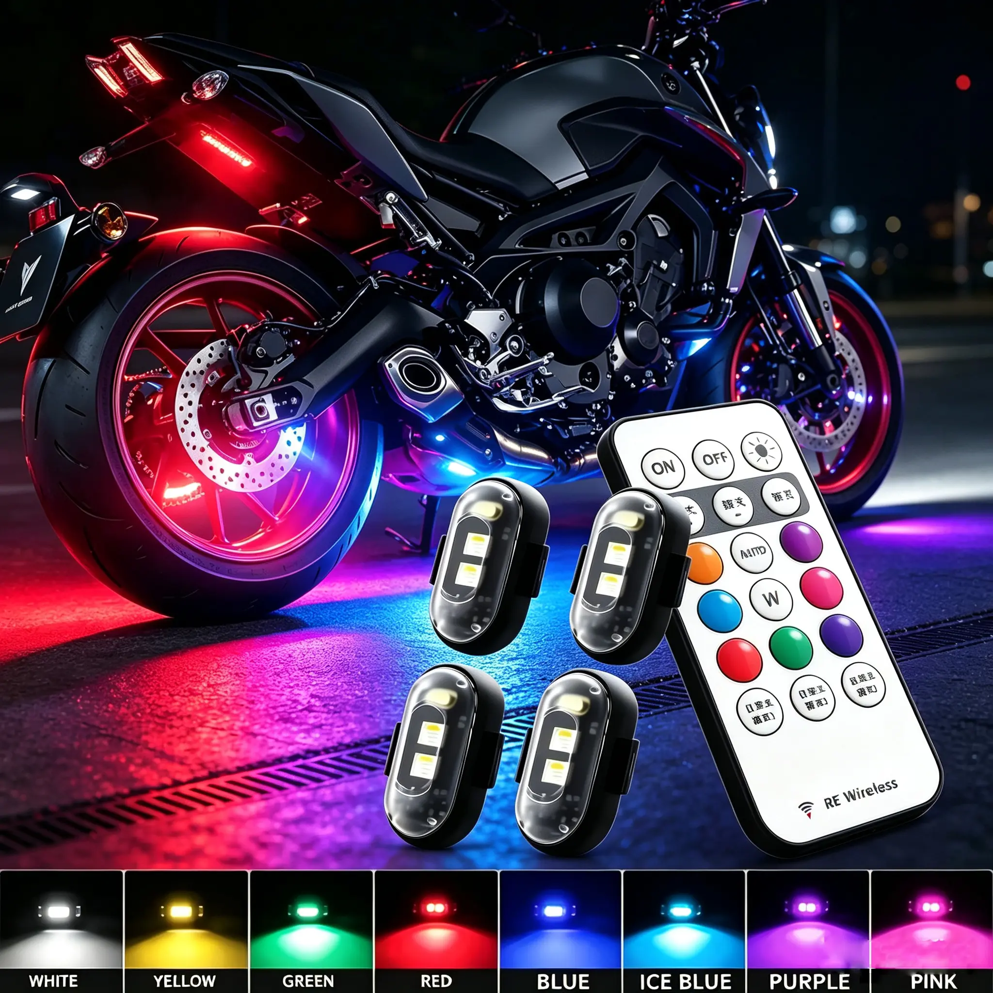 Motorcycle Led Aircraft Strobe Lights LED Flash Position Wireless Remote Control Car Footwell Light USB Rechargeable RGB LED Light Waterproof Car Interior Decoration rock Light