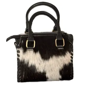Real Hair on Hide Speedy Style Bag Featuring Soft Handle and Strap 7.5" Brown and White Cowhide Design