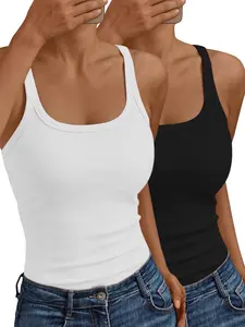 Women's Solid Ribbed Tank Top, Elastic Basic Vest, Casual Sleeveless Top for Summer, Ladies Clothes for Daily Wear, Summer Tops