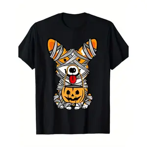 100% Cotton Men'S Halloween Corgi Mummy Graphic T-Shirt - Soft Cotton, Black With Orange & White Design, Short Sleeve, Round Neck, Machine Washable, Casual Fit For Dog Lovers Golf Gift T-Shirt For Men And Women
