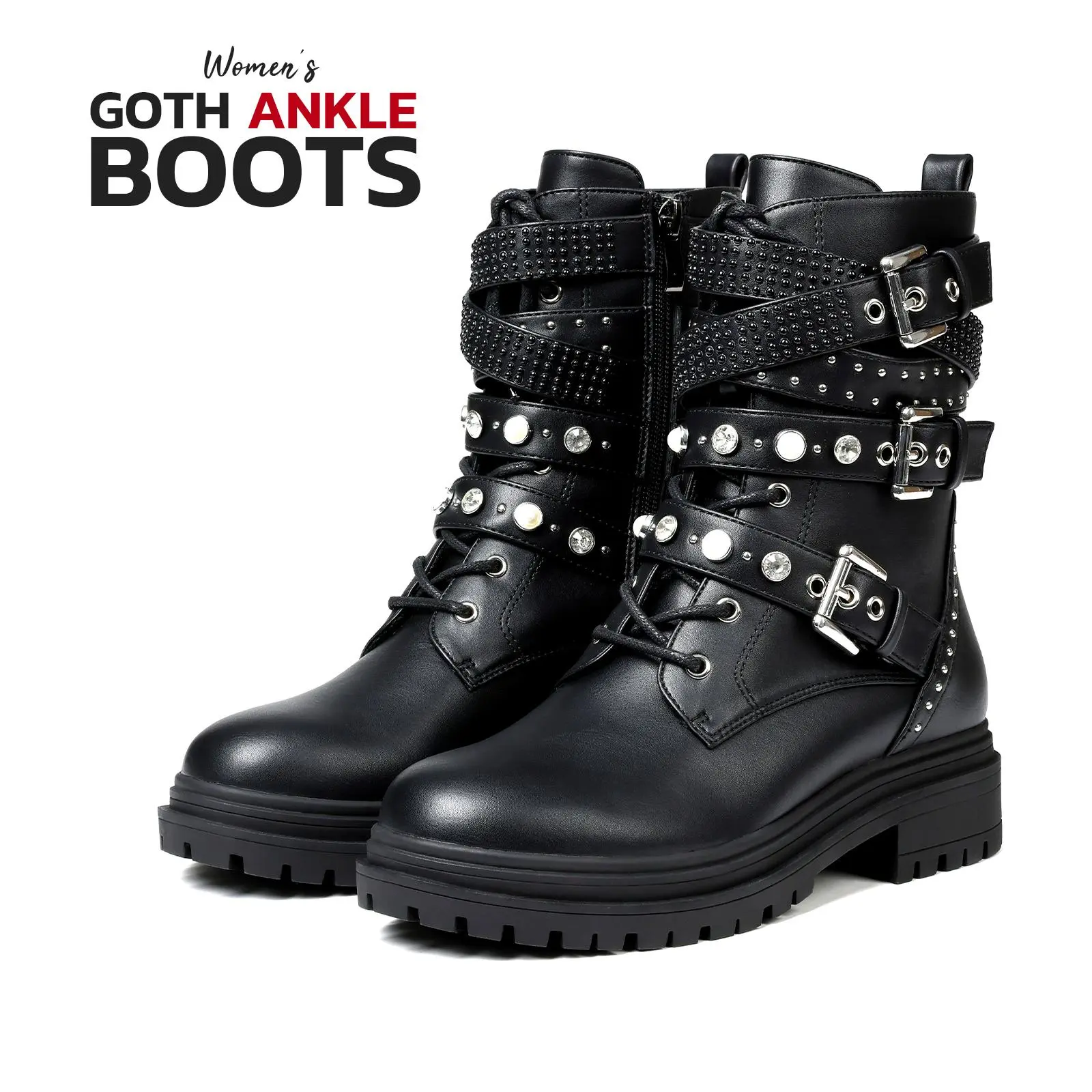 Women Ankle Boots Combat Goth Chunky Block Heel Round Toe Lace Up Side Zipper Buckles Studs Trendy Comfortable Stylish Biker Riding Motorcycle Party Concert Outing Casual Modern Fashion Booties Summerwins