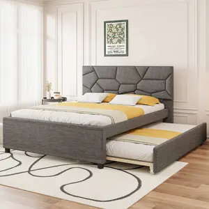 Queen Size Upholstered Platform Bed with Headboard and Twin XL Size Trundle, No Box Spring Needed, Linen Fabric
