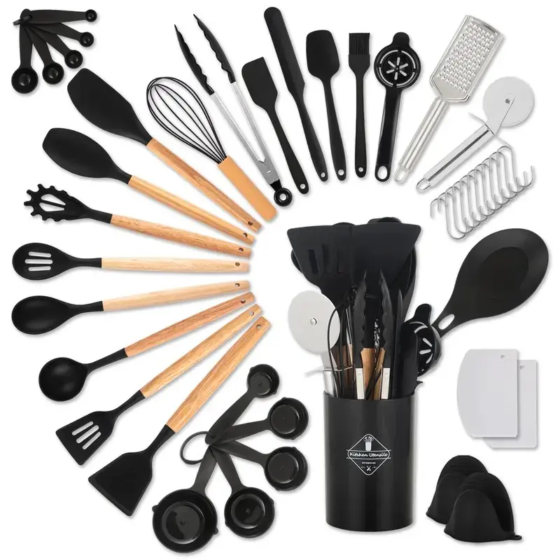 24-Piece Durable Kitchen Cooking Utensil Set - Versatile Heat-Resistant Black Silicone Tools with Wooden Round Handles, Solid Spoon, Multi Purpose Cooking Spoons, Scoop Set for Simplifying Home Culinary Tasks