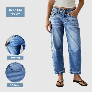 Flamingals Stitch Detail Mid Waist Straight Leg Crop Jeans Stretchy 25.6 Inseam