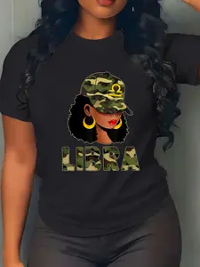 100% Cotton Unisex Libra Queen Camouflage Black Woman Cap Zodiac Sign T-Shirt Graphic Vintage Casual Round Neck Tshirt