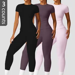 NVWA Women's 2-Piece Activewear Matching Set, Solid Color Crew Neck Short Sleeve T-Shirt & High Waisted Sweatpants, Breathable Quick-Drying Sweatsuit Set Outfit for Yoga, Gym, Outdoor Activities,summervibes