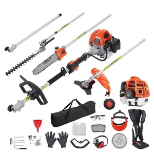 52cc 6-In-1 Multi-Functional Gas Powered Garden Tool Set With Trimmer And Edger Attachments For Hedge Trimming, Weed Eater, String Trimmer, Brush Cutter, Pole Saw, Chainsaw, Pruner And Extension Pole For Complete Yard Maintenance