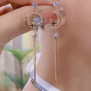 Fashionable and versatile stylish earrings, asymmetrical planet DDES0830 moon tassel earrings for women, light luxury and high-end feel ear accessories