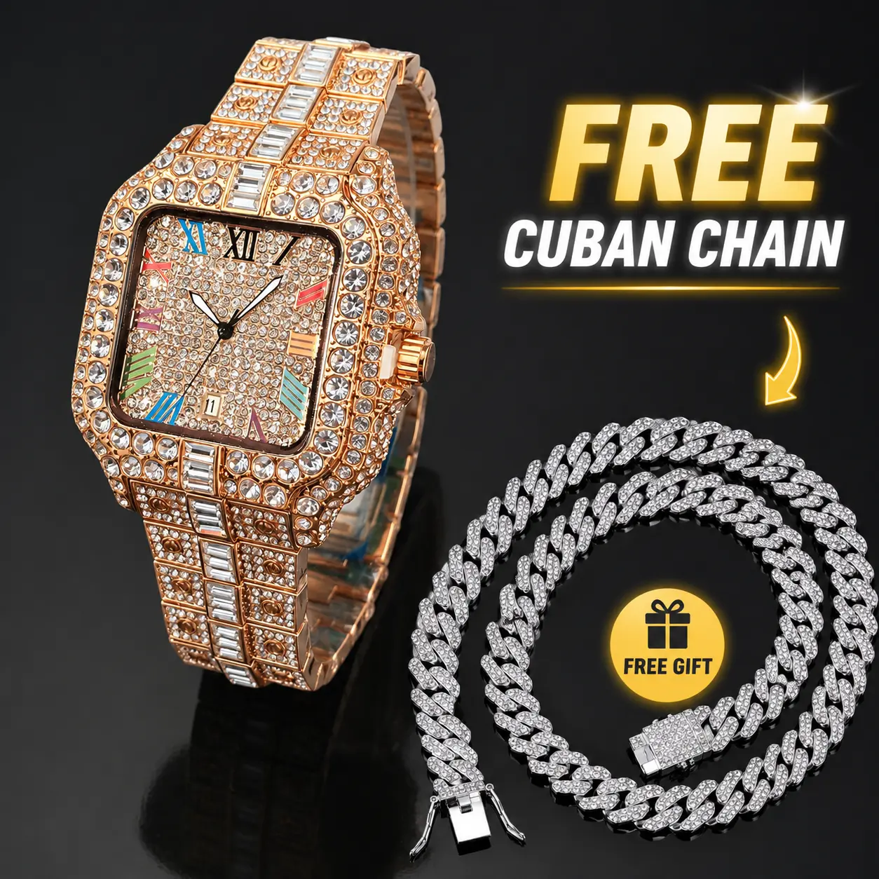 Modern Fashionable Wristwatch for Men, Hip Hop Rhinestone Embellished Alloy Analog Accessory for Party Wear in Silver with Free Cuban Chain Gift, Diamond Square Dial, Model B In Silver (Different Strap)+ Free Cuban Chain Gift, Male Watch, Year-Round Acces