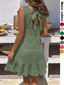 Summer Boho Mini Dress, Sleeveless Round Neck Back Tie Hollow Out, Ruffled Hem, Fitted Plain Pattern, Casual Beach Vacation Style