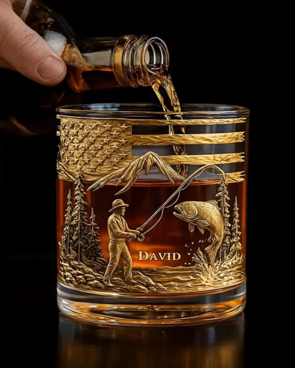 Personalized Fishing Whiskey Glass, Custom Name Bourbon Rocks Glass, Bass Fishing American Flag Engraved Scotch Glass, Fisherman Gift for Dad, Husband, Grandpa, Birthday Gift for Men