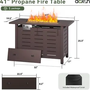 40" Propane Fire Pit Table , 50,000 BTU Outdoor Gas Fire Table with Waterproof Cover, Rectangular Steel Fire Table with Lid and Lava Rock for Outdoor, Patio, Backyard,Metal Black&Brown