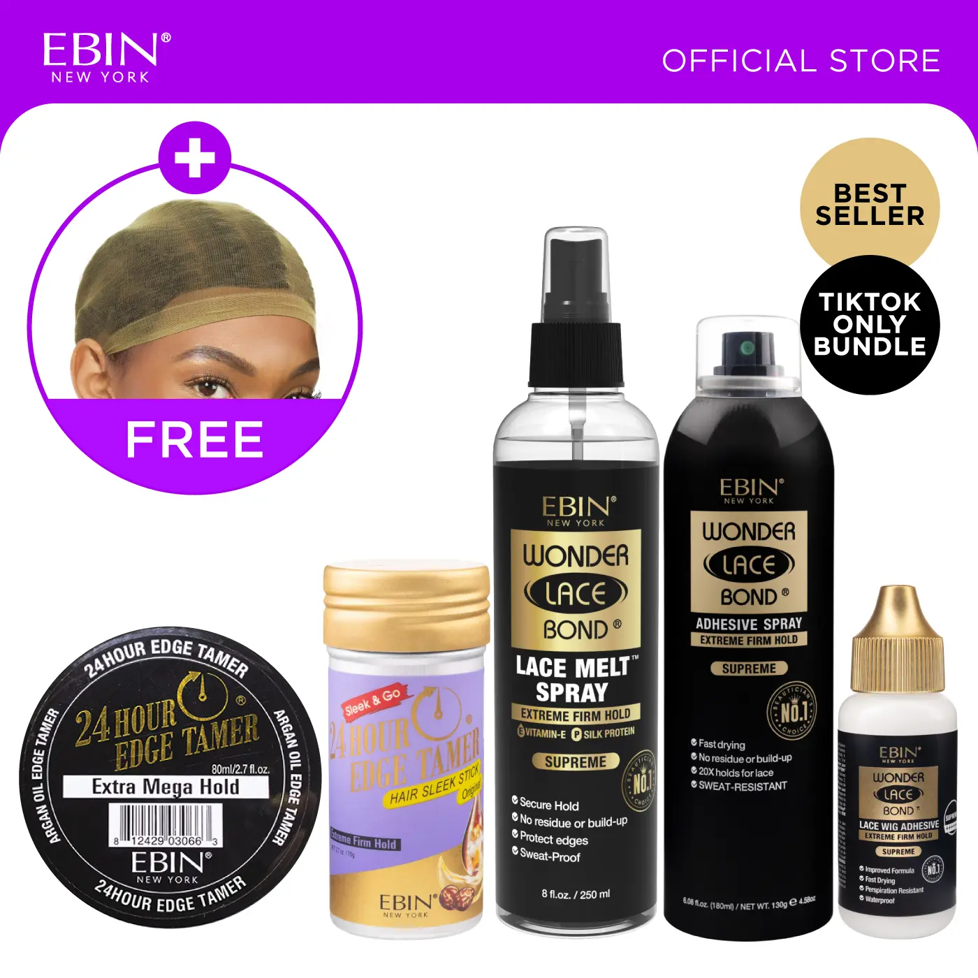 EBIN Wonder Lace Bond Complete Wig Install Kit + Edge Sleek Stick Original + Edge Tamer Mega Hold & FREE HD Wig Cap | Lace Glue, Adhesive Spray, Melt Spray, Edge Control & Hair Finishing Bundle