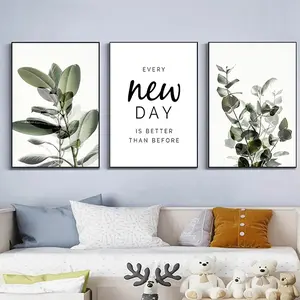3pcs/set Frameless Green Plant Leaves Poster Print Eucalyptus Wall Art Canvas Painting Picture for Living Room Optimistic Quote Home Decoration Modern Home Decor