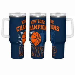 40oz Handle Insulated Portable Water Bottle - 18/8 Stainless Steel Leak-Proof Straw Tumbler, Dark Navy Vintage Distressed New York Champions Basketball Trophy MVP Full Wrap Print, 24H Cold 12H Hot BPA-Free NYC Fan Gift for Men