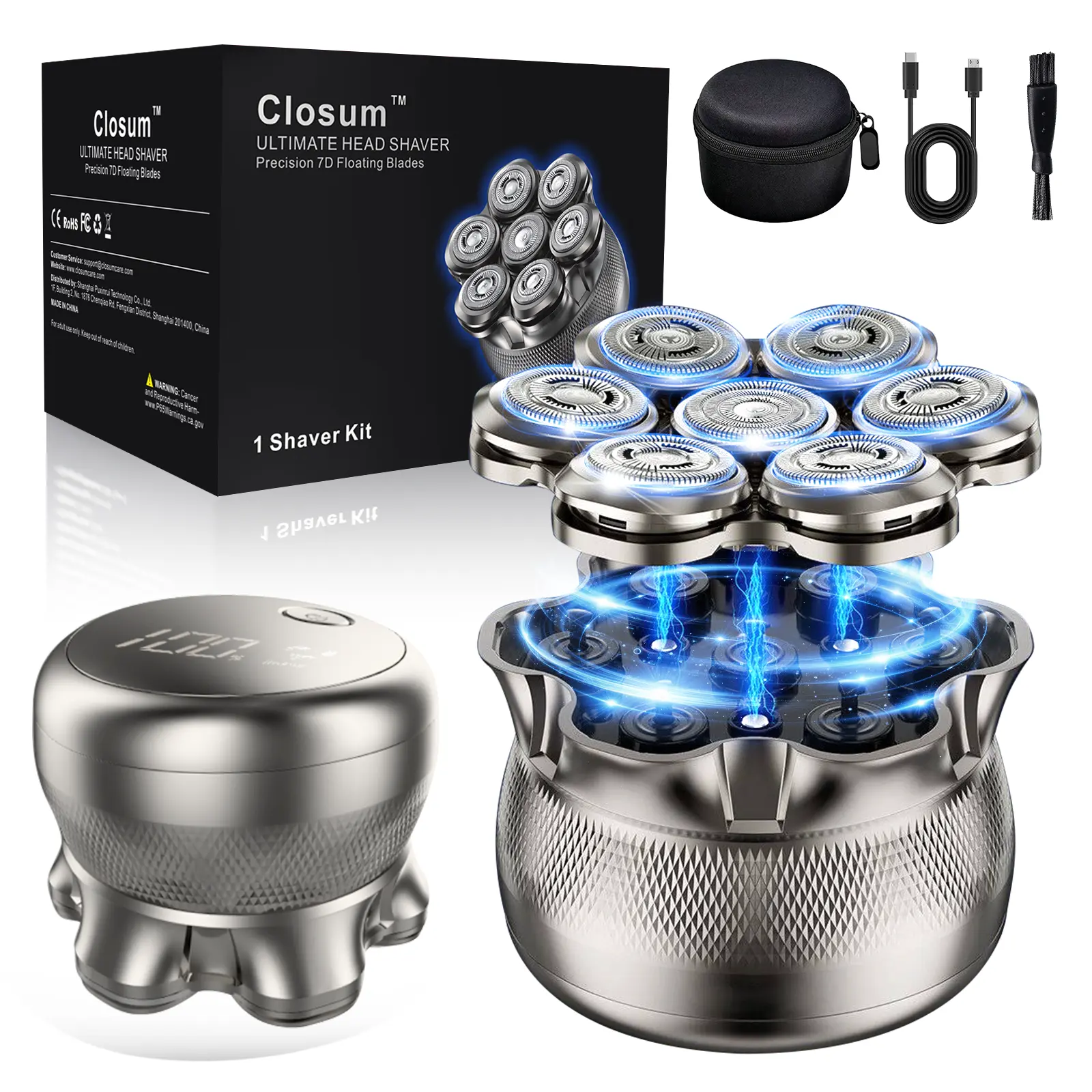 Closum 7D Men's Bald Head Electric Shaver - Stainless Steel Magnetic Head, 360° Smooth Shave, 2-Speed Rotary Blades, IPX7 Rated, USB-C Recharge, Dry Shaving Solutions, LED Display