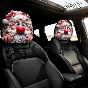 Festive 2-Pack Christmas Santa Pattern Car Headrest Covers Washable Soft Breathable Universal Fit Easy Install Neck Support Cushion Relieve Driving Fatigue Stylish Auto Interior Decor Practical Holiday Car Accessories For Daily Road Trip Use