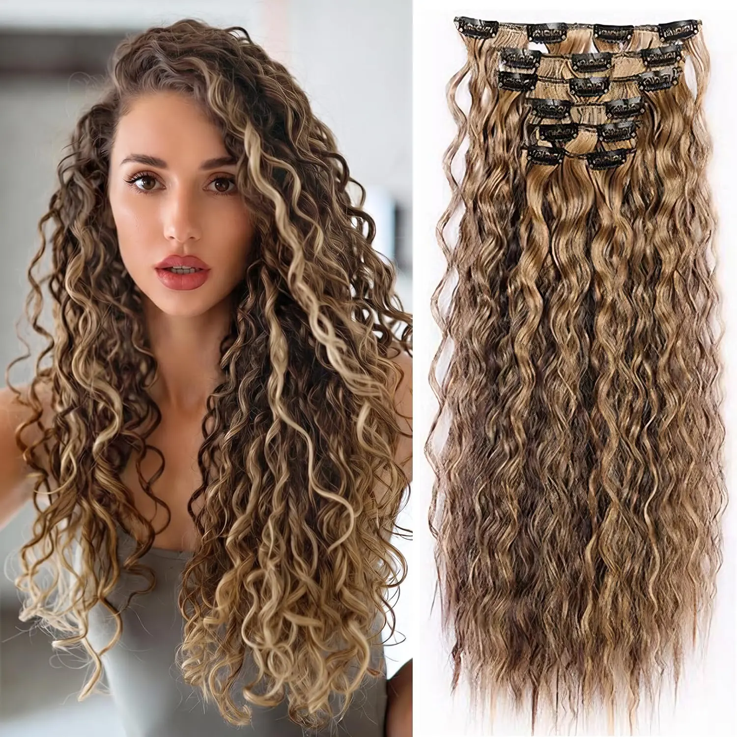 6PCS Clip in Hair Extensions Synthetic Curly Hair Extension for Women, 24 Inch Long Soft Natural Hair Extensions instant length