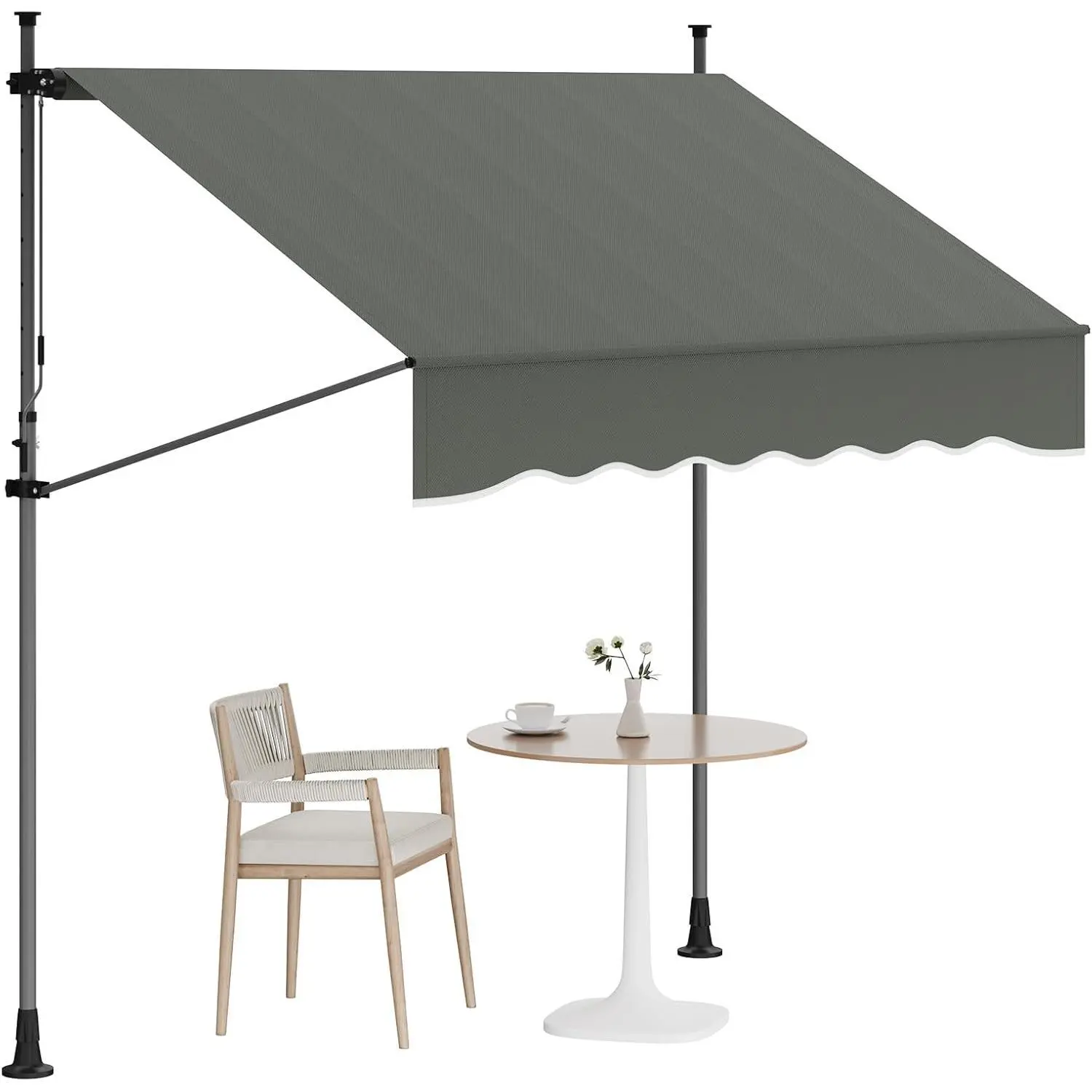 Manual Retractable Patio Awning - 118 in Sturdy Modern Aluminum Frame Exterior Sunshade Shelter, Angle & Height Adjustable with Height Adjuster, UV-Protective for Doors/Windows, 6.9 to 9.8 ft, Grey, Manual Crank Arm with 47 in Crank Handle