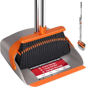 Broom and Dustpan Set,Large Upright Broom and Dustpan with 52inch Long Handle, Dustpan Teeth Have Self-Cleaning Function, Suitable for Indoor and Outdoor Use
