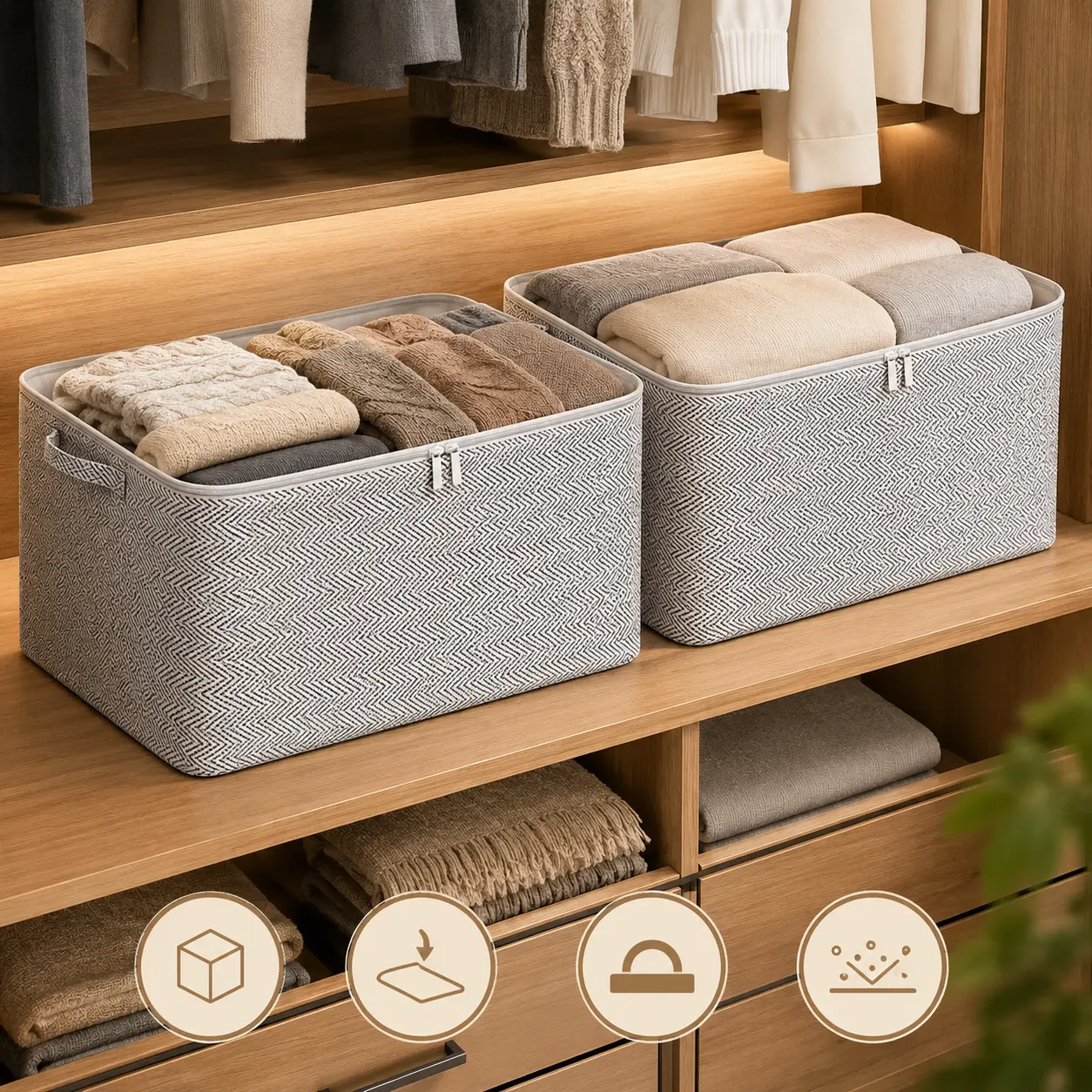 2 Pack Large Storage Organiser Bags with Lids – Foldable Clothes Storage Boxes with Handles & Double Zipper, Blanket, Bedding, Wardrobe & Home Organisation