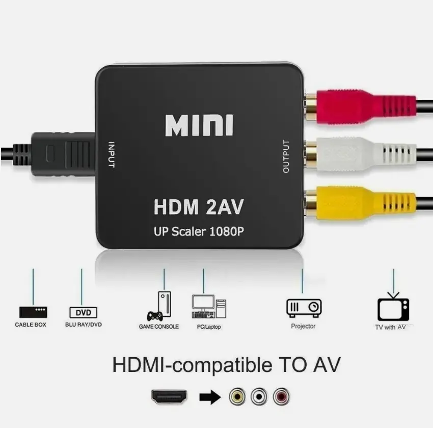 Mini RCA AV to HDMI Converter supporting 1080p output, this RCA to HDMI composite video adapter works with PAL and NTSC signals, featuring a compact, portable design compatible with Wii, PC, laptop, Xbox, and PS4 for connecting older devices to modern HD