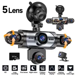 Wired 5‑Camera Dash Cam for Car, HD Night Vision, 24H Parking Surveillance,  Loop Recording, 64GB Card Included camera view