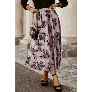 Peach Blossom Floral Leaves Embroidered High Waist Maxi Skirt