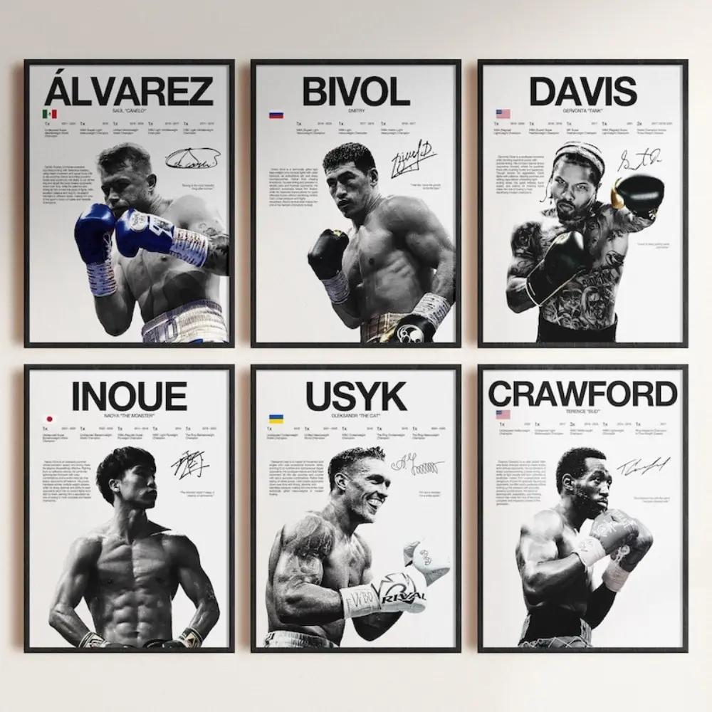 Layered Boxing Athlete Portrait Poster Set - Alvarez, Inoue, Usyk, Crawford, Bivol, Davis Artistic Bedroom Art, Cool Room Decor, Man Cave Decor, Room Inspo for Home Gifts for Boxing Fans