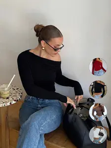 Women's Slim-Fitting Off-Shoulder Long Sleeve T-Shirt, Elegant Ruched Design for Spring & Fall, Perfect for Dates, Chic Style