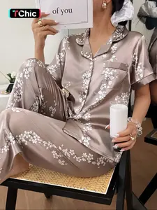 Women's Casual Home Wear Set, Soft Fabric Short Sleeve Button-Up Top & Elastic Waist Pants, Comfortable Leaf Print, Pajama Set