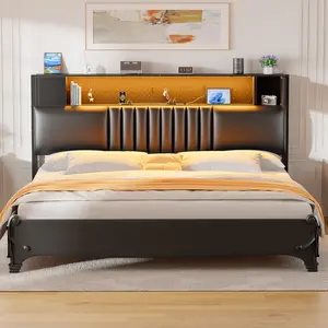 iSunirm Upholstered Headboard with Storage and Cabinet, Bookcase Headboard with Power Outlets, USB Ports and LED Light, Sturdy and Stable Headboard
