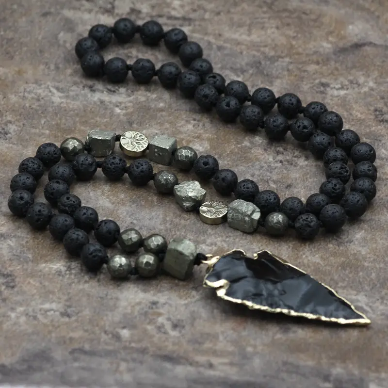 Crystal Gemstone Pendant Necklace, Black Crystal gemstone Long Necklace, Lava Obsidian beaded Healing Protection Strength Inner Peace Balance Necklace, Women Men Adjustable Necklace, Christmas gift, Birthday gift, Gift for Women Men Anniversary Daily