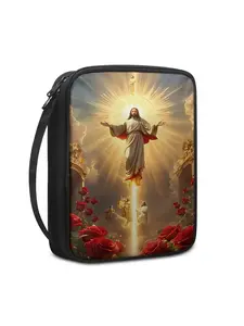Printed Christian Religious Jesus and Rose Pattern Bible Cover Portable Book Box Church Bag with Handle and Zipper Pocket Perfect Gift