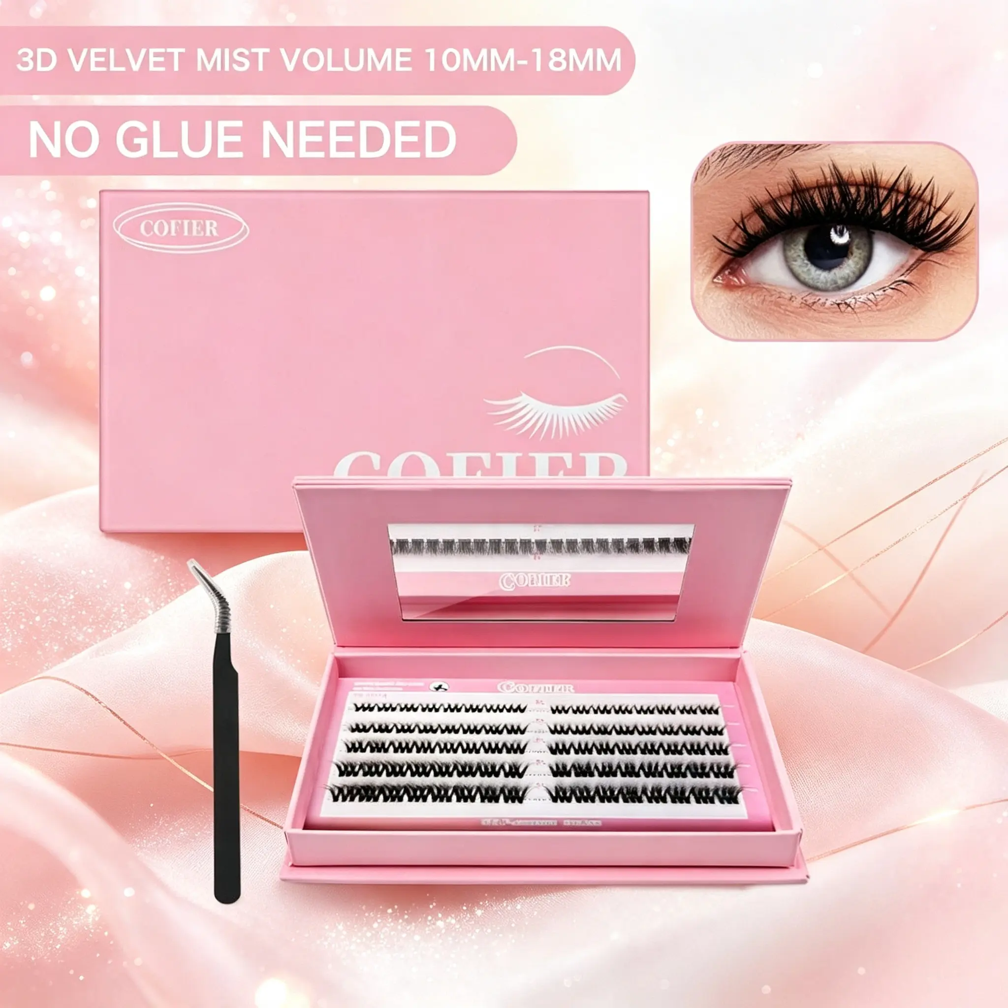 【Aria Exclusive】Cofier No Glue Individual Lash Kit, Jelly-Coated Self Adhesive False Eyelashes with Tweezers, Easy Application, Beginner Friendly No Glue Lash Kit 80/90/100Pcs