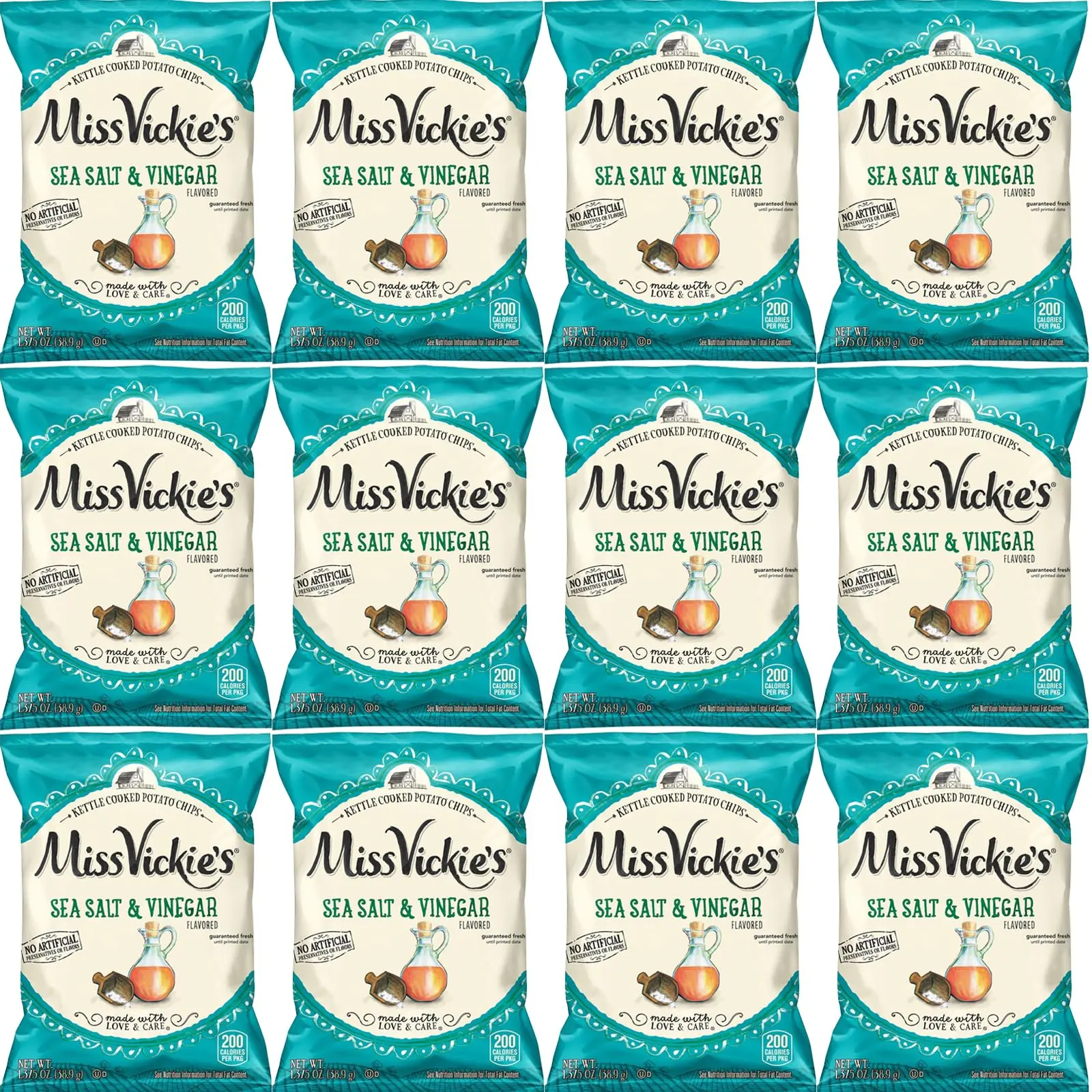 Miss Vickie's Sea Salt & Vinegar Kettle Cooked Potato Chips, 1.375 oz Bags, Pack of 12, Bundled by Shoppyway Snack Savory Crunchy Flavor Traditional