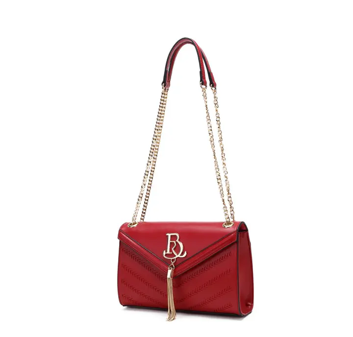 Brangio Italy Women's Elegant Metallic Lightweight Crossbody Purse - Stylish Accessories, Envelope Shape, Chain Strap, Flap Close, Structured Form, Stitched Lines, Decorative Tassel Accent, Soft Beige Finish, 10x7x3.5", Minimalist for Casual, Evening Use