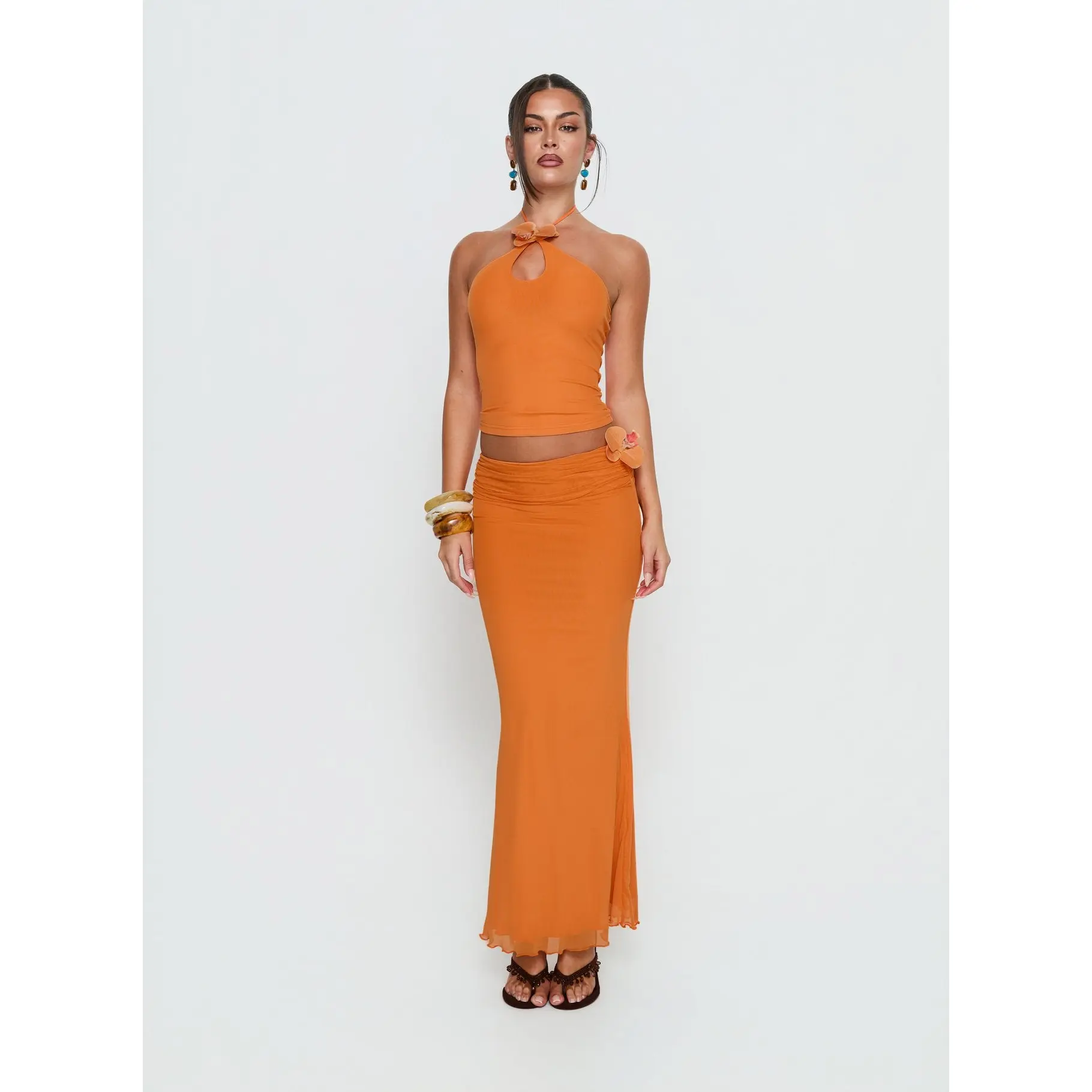 Star Fruit Ruched Waist Maxi Skirt Orange