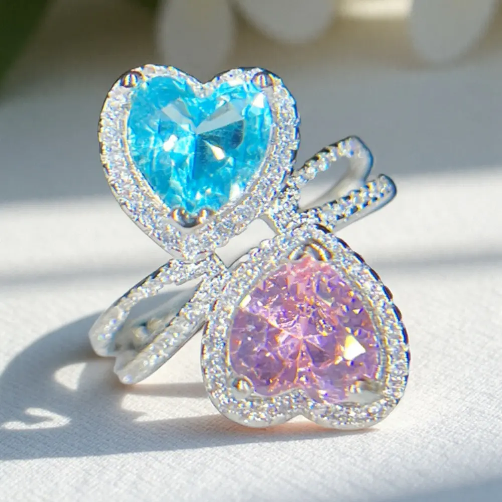 Blue and Pink Double Heart Ring – Ideal for Bridal Engagement Promises, Wedding Anniversaries, with Synthetic Zirconia & Birthstone, High-Quality Jewelry Two Tone Ring