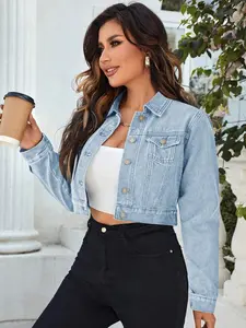 Zeagoo Women's Button Down Long Sleeve Cropped Denim Jean Jacket with Pockets jacket Halloween Casual Fashion Womenswear Coats